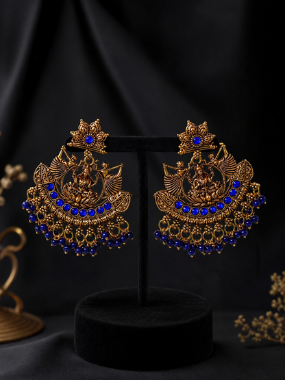 Antique Gold Goddess Chandbali Earrings with Royal Blue Beads