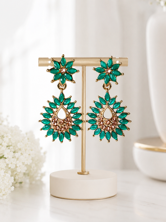 Emerald Green Floral Drop Earrings – Gold Tone