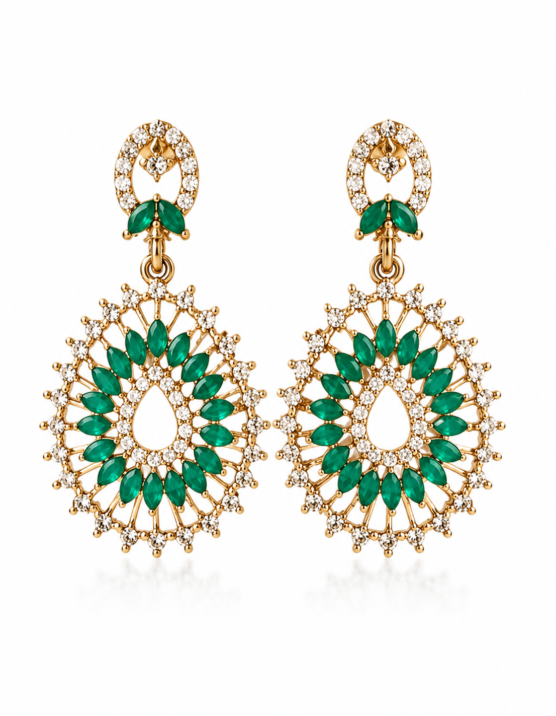 Emerald Green Crystal Teardrop Statement Earrings – Gold Tone