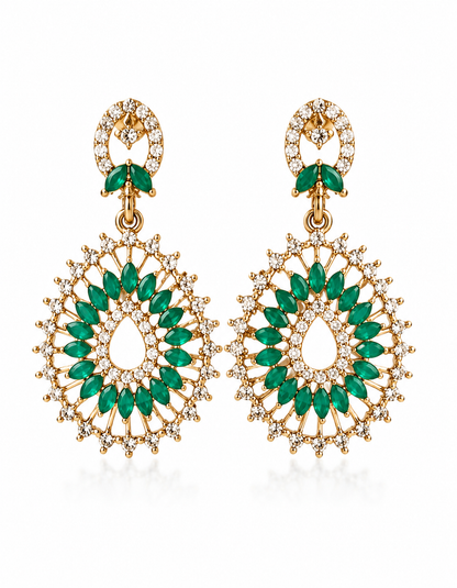 Emerald Green Crystal Teardrop Statement Earrings – Gold Tone