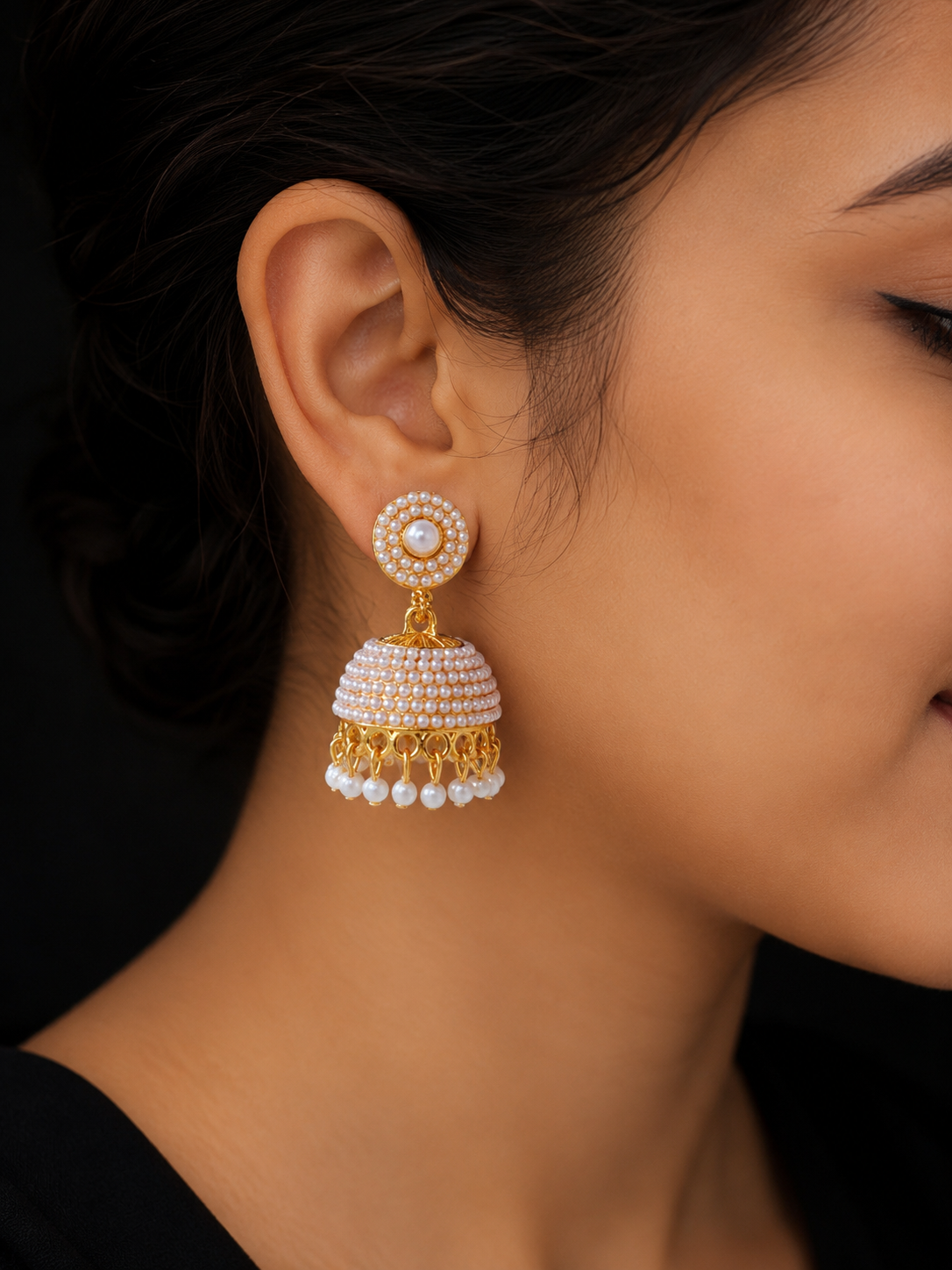 Pearl Dome Jhumka Earrings – Gold Tone Traditional Earrings