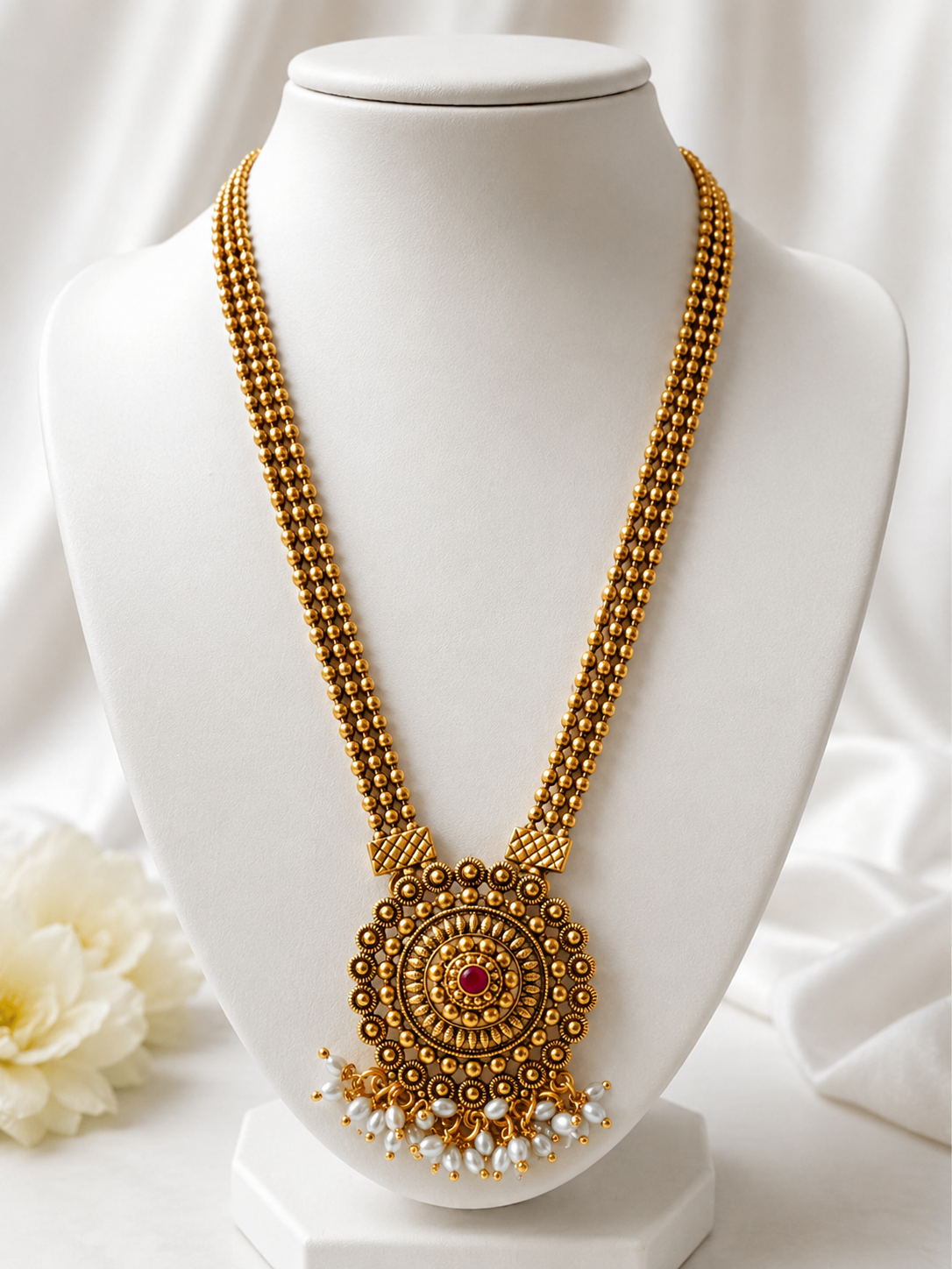 Antique Gold Multi-Layer Beaded Long Necklace with Temple Pendant & Pearl Drops