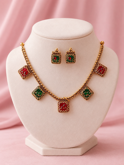 Traditional Red & Green Enamel Charm Necklace Set with Earrings