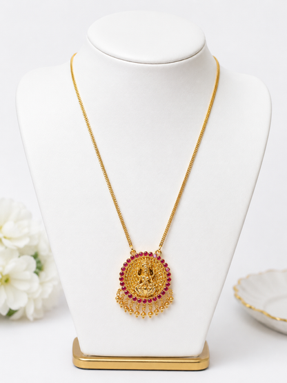Traditional Lakshmi Pendant Gold-Tone Necklace with Ruby Stones