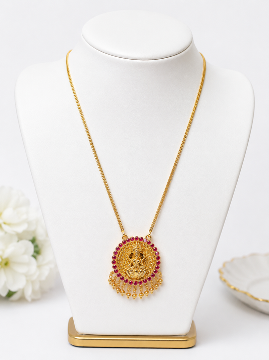 Traditional Lakshmi Pendant Gold-Tone Necklace with Ruby Stones