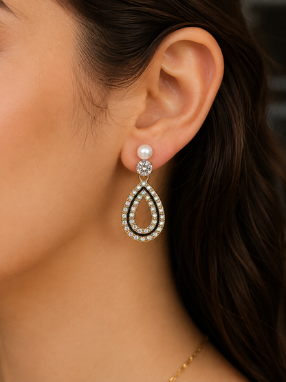 Pearl & Crystal Double Teardrop Statement Earrings – Gold Tone
