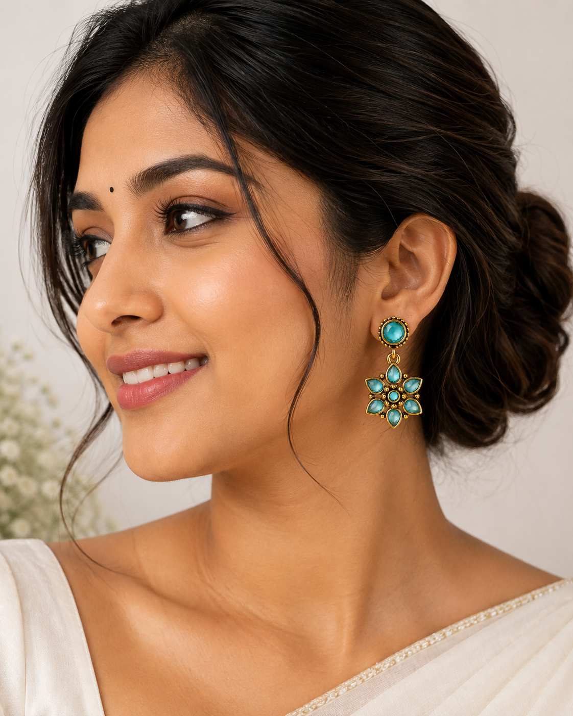 Aqua Blue Floral Crystal Drop Earrings – Antique Gold Tone