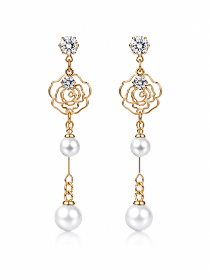 Golden Rose Pearl Drop Earrings for Women