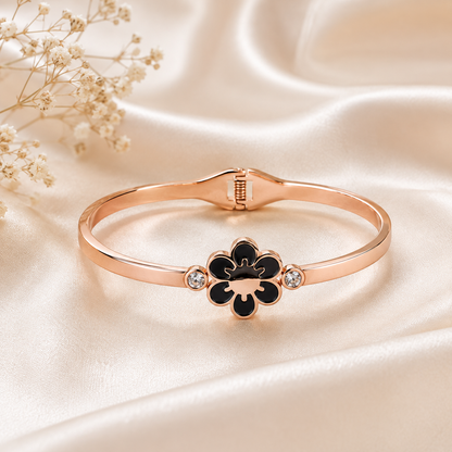 Rose Gold Black Floral Crystal Bangle Bracelet