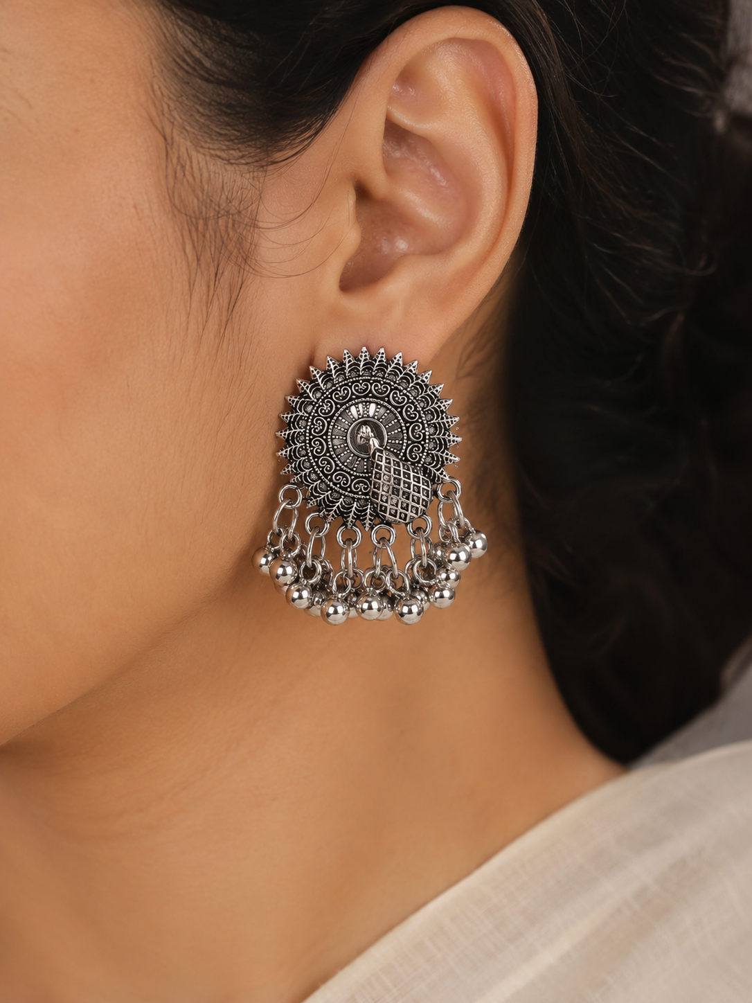 Oxidised Silver Peacock Ghungroo Stud Earrings
