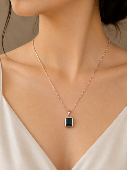Emerald Green Rectangle Pendant Necklace | Rose Gold Plated Minimalist Chain