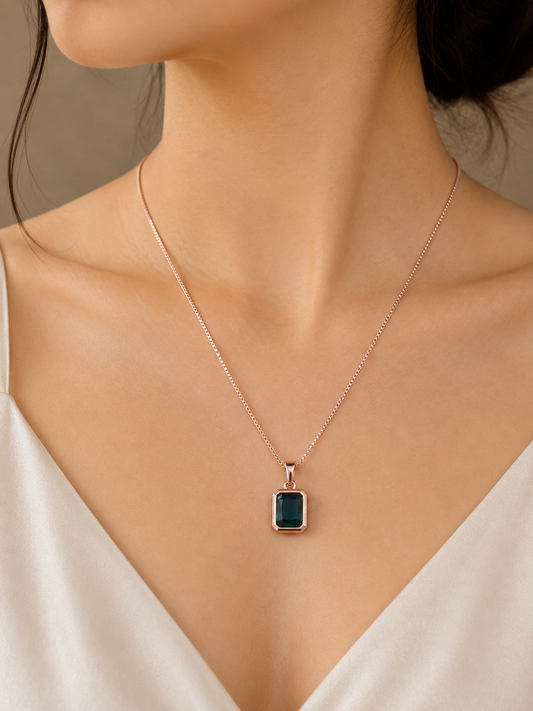 Emerald Green Rectangle Pendant Necklace | Rose Gold Plated Minimalist Chain
