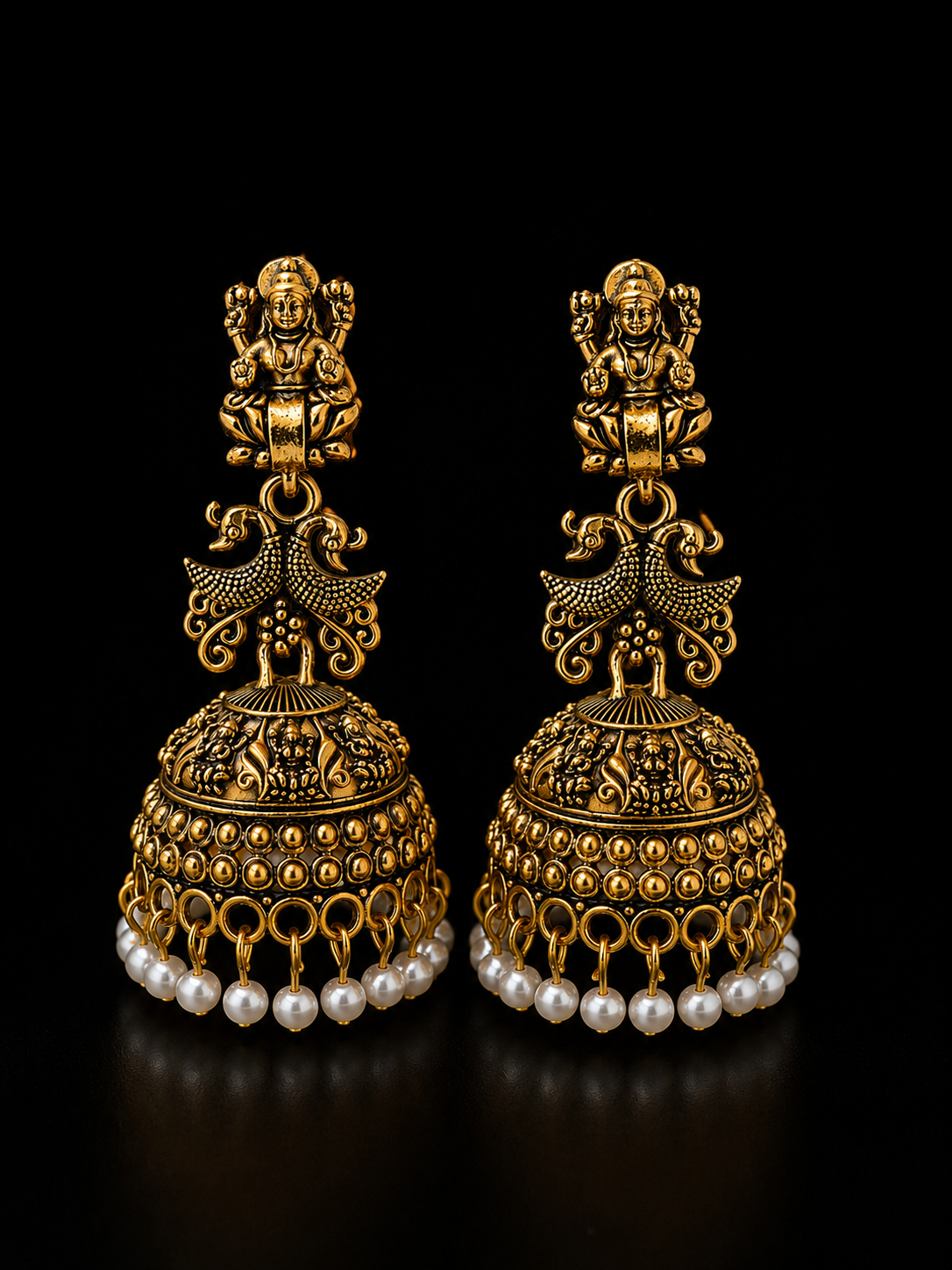 Antique Gold Temple Peacock Jhumka Earrings with Pearl Drops