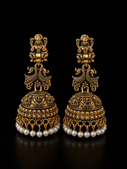 Antique Gold Temple Peacock Jhumka Earrings with Pearl Drops