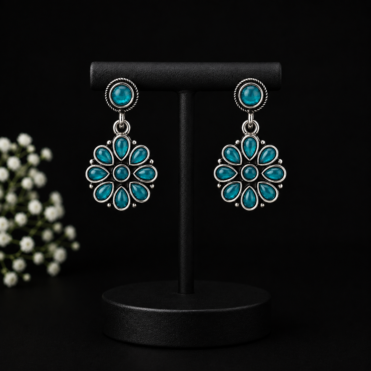 Turquoise Floral Oxidised Silver Drop Earrings