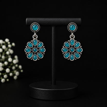 Turquoise Floral Oxidised Silver Drop Earrings