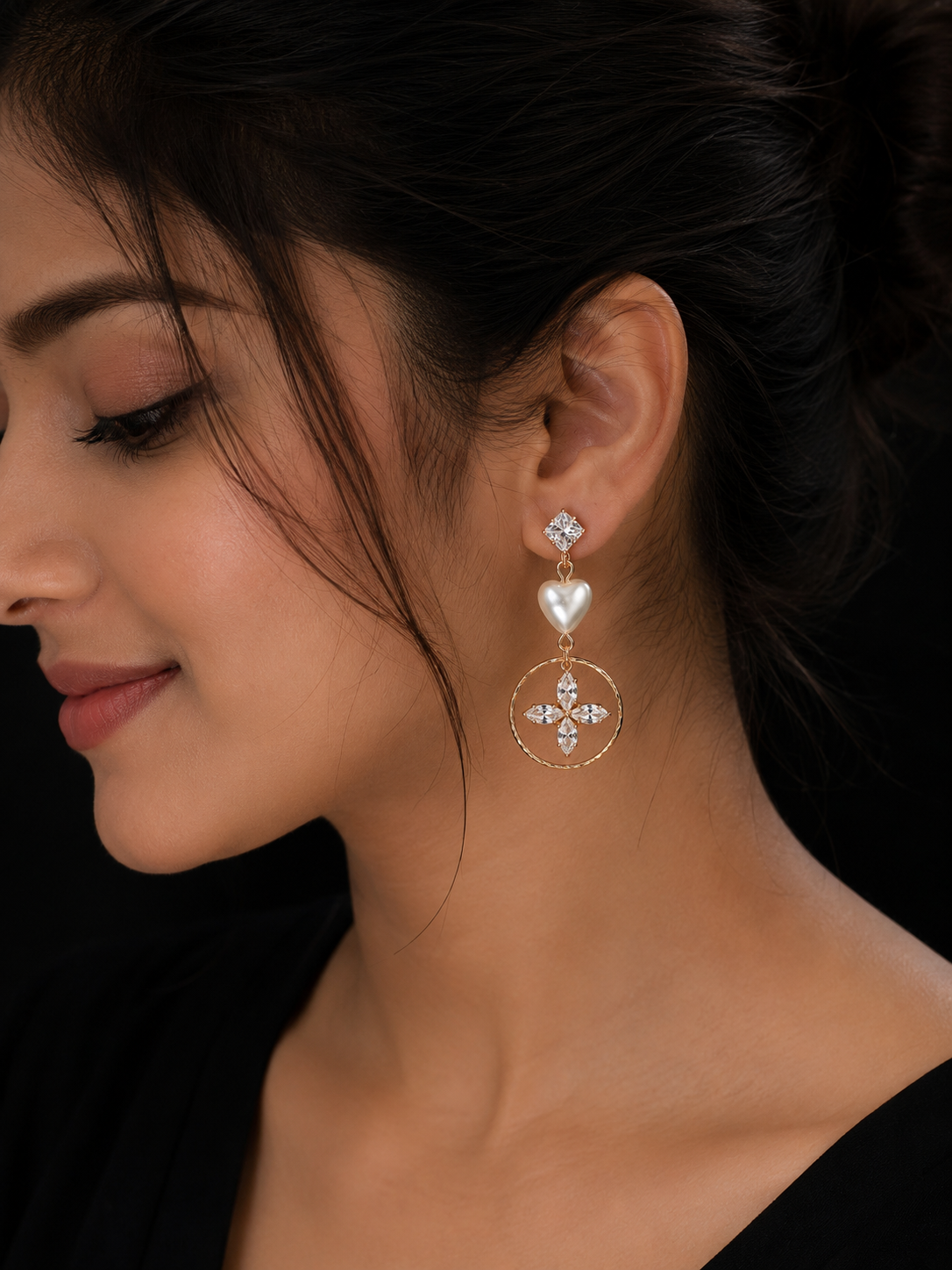 Rose Gold Heart & Crystal Hoop Drop Earrings