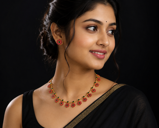 Traditional Ruby Green Floral Necklace & Earrings Set – Gold Tone