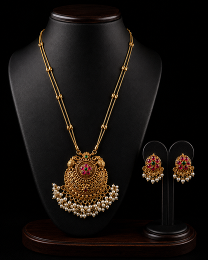 Antique Gold Temple Necklace Set with Pearl Drops & Matching Earrings