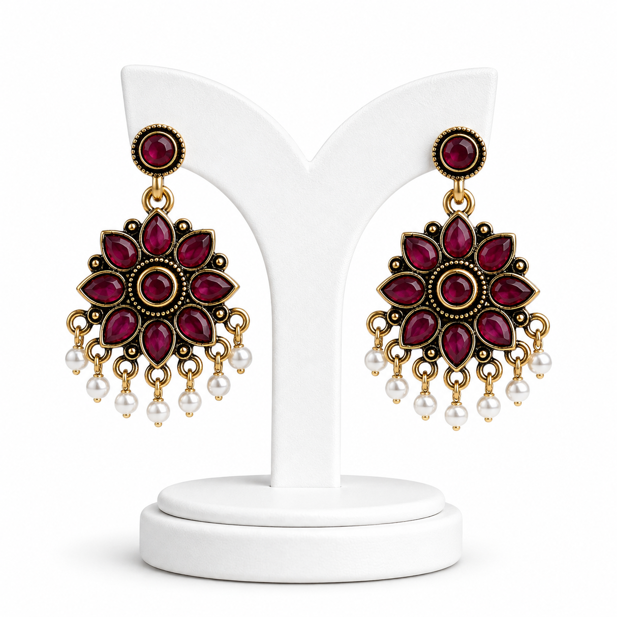Ruby Red Floral Pearl Drop Earrings – Antique Gold Finish