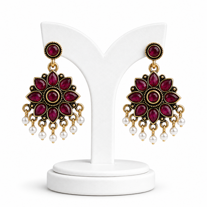Ruby Red Floral Pearl Drop Earrings – Antique Gold Finish