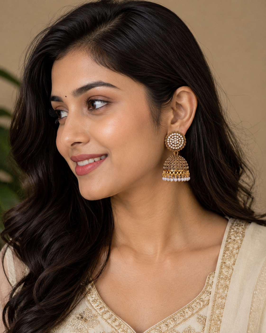 Antique Gold Pearl Jhumka Earrings