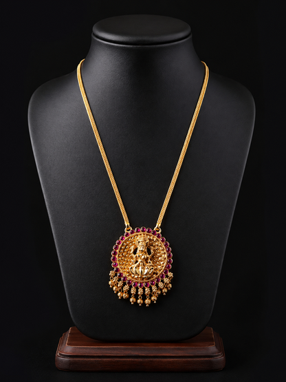 Traditional Gold-Tone Lakshmi Pendant Chain with Ruby-Color Stones