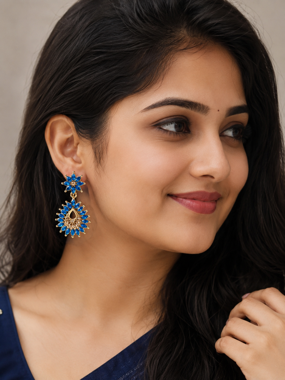 Royal Blue Crystal Floral Drop Earrings – Gold Tone