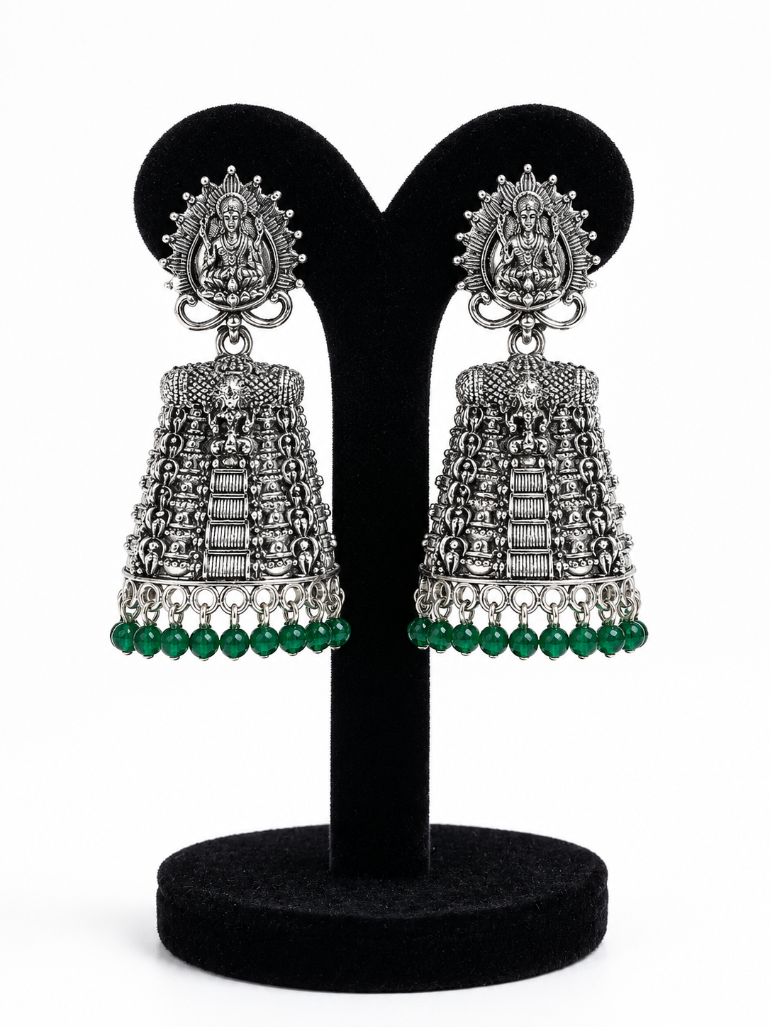 Oxidised Silver Temple Jhumka Earrings with Green Beads