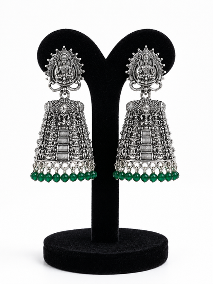 Oxidised Silver Temple Jhumka Earrings with Green Beads