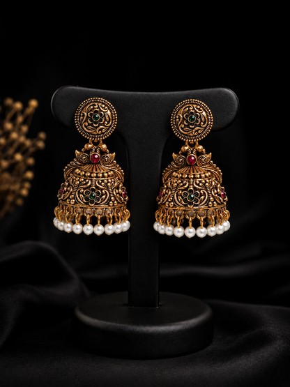Antique Gold Temple Jhumka Earrings with Pearl Drops