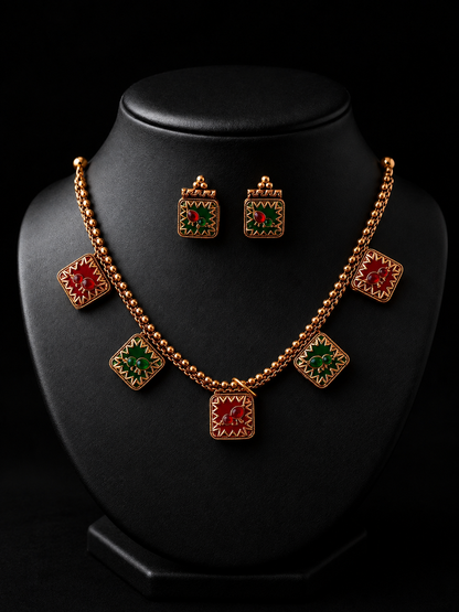 Traditional Red & Green Enamel Charm Necklace Set with Earrings