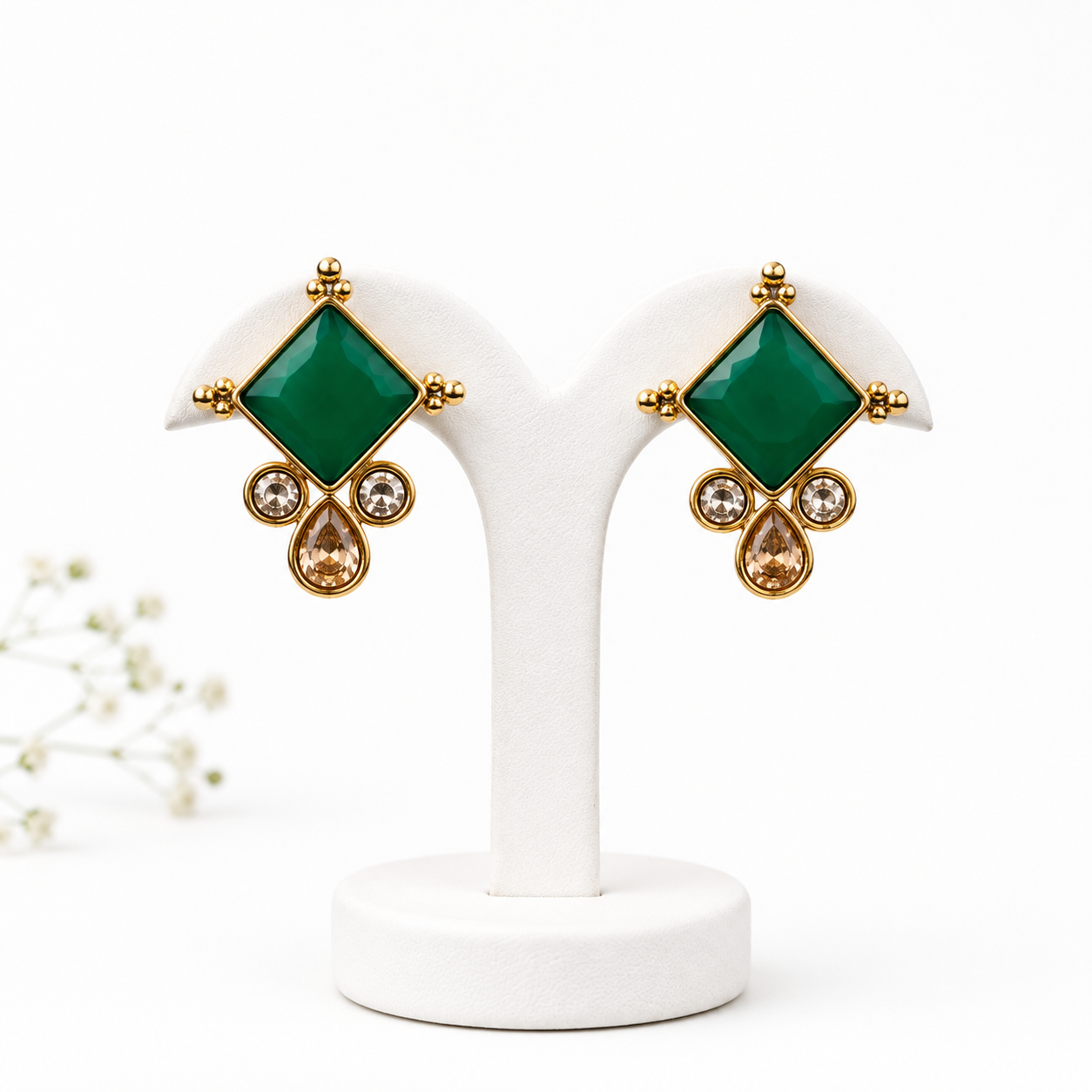 Emerald Green Diamond Stud Earrings – Gold Tone