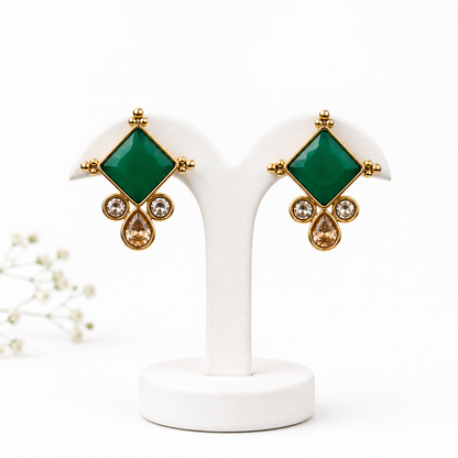 Emerald Green Diamond Stud Earrings – Gold Tone