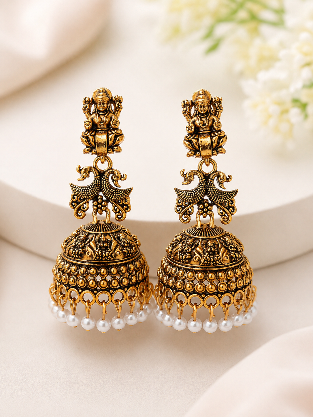 Antique Gold Temple Peacock Jhumka Earrings with Pearl Drops