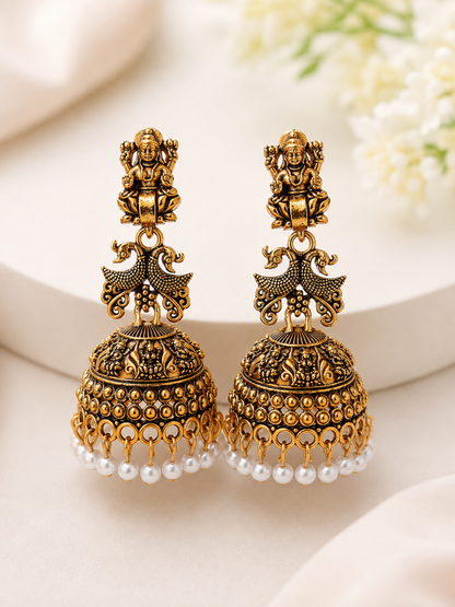 Antique Gold Temple Peacock Jhumka Earrings with Pearl Drops