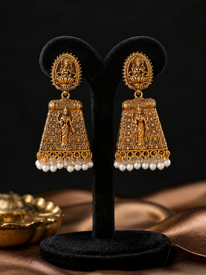 Antique Gold Temple Jhumka Earrings with Pearl Drops