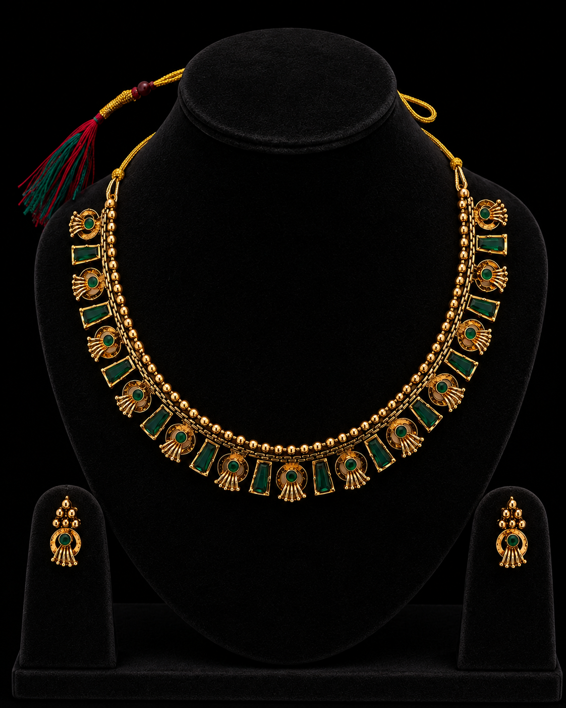 Traditional Gold-Tone Green Stone Necklace & Earrings Set