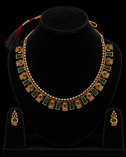 Traditional Gold-Tone Green Stone Necklace & Earrings Set