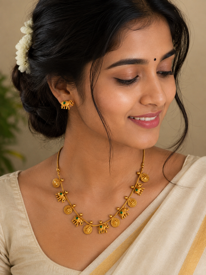 Traditional Elephant Charm Gold-Tone Necklace & Earrings Set with Green Stones