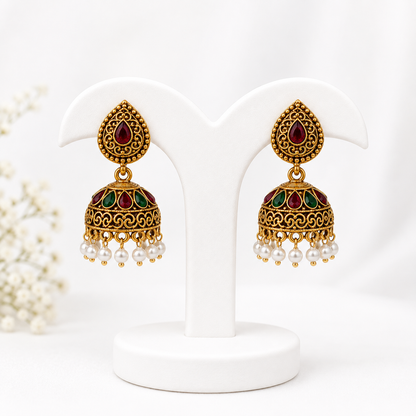 Traditional Antique Gold Jhumka Earrings with Ruby, Emerald & Pearl Drops