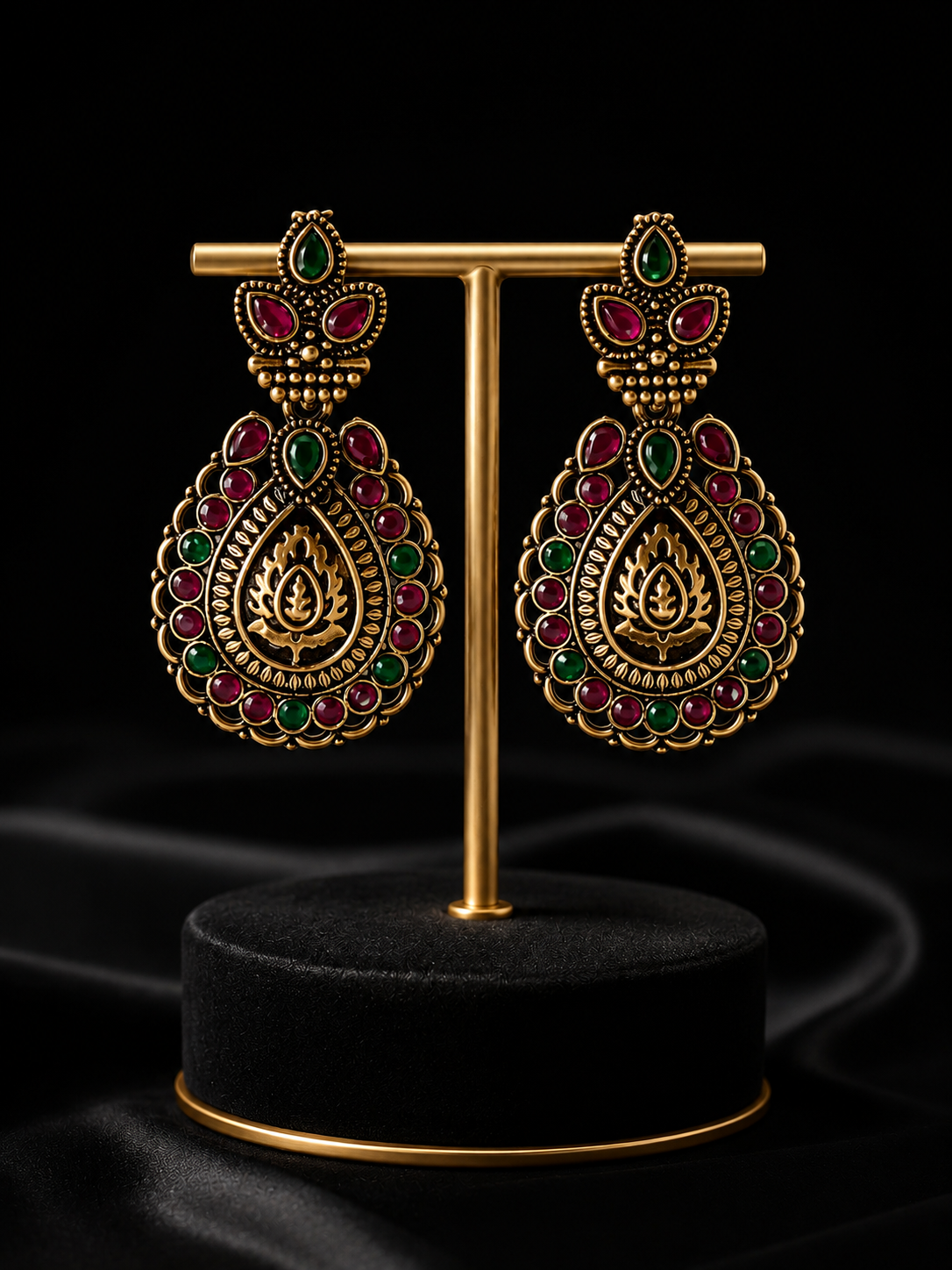 Antique Gold Ruby Green Stone Statement Earrings