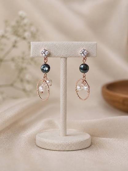 Elegant Black Pearl & Crystal Rose Gold Drop Earrings