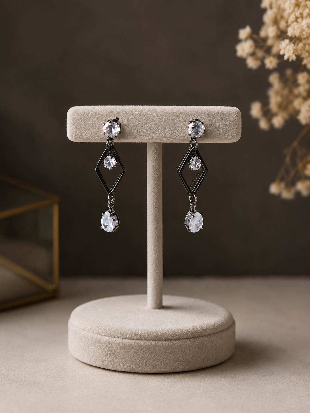 Black Geometric Crystal Drop Earrings – Elegant Dangle Earrings for Women