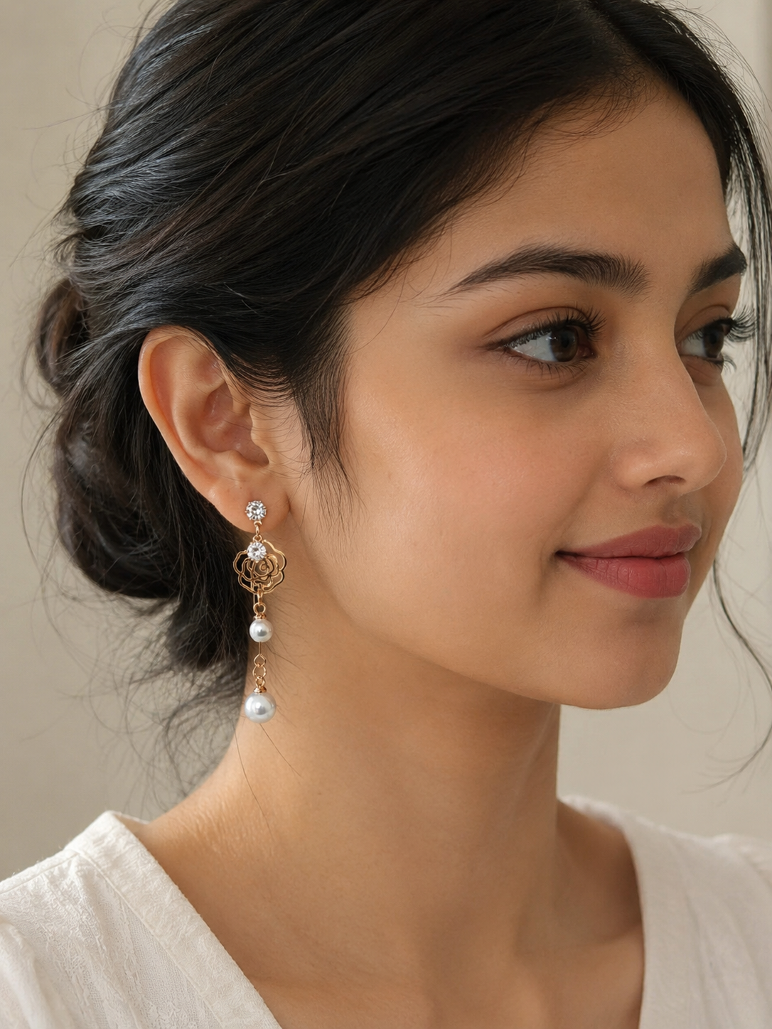 Golden Rose Pearl Drop Earrings for Women