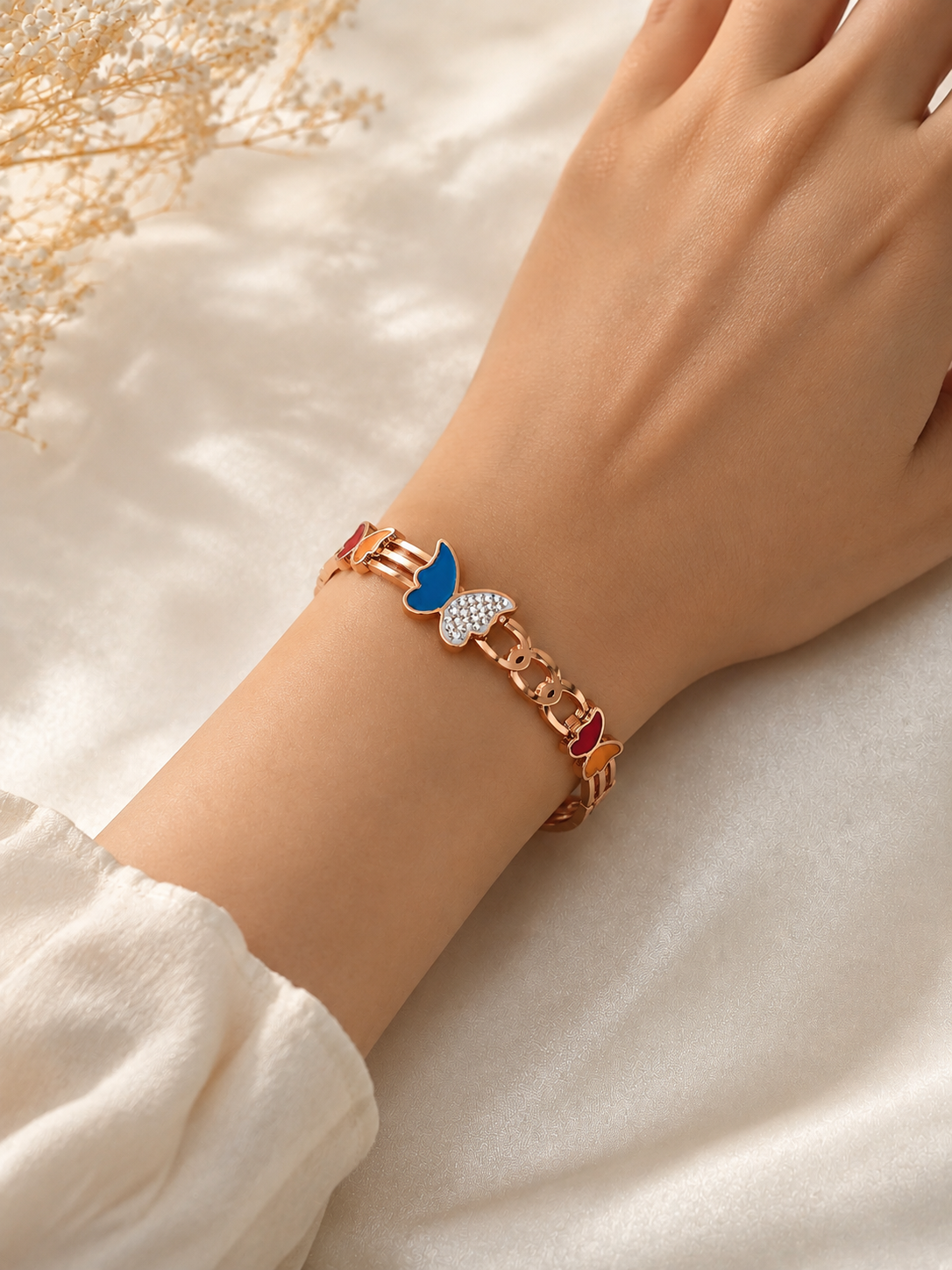Rose Gold Butterfly Charm Bracelet – Multicolor Crystal Bangle