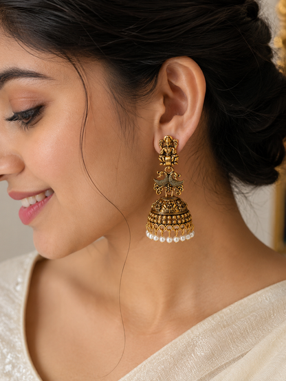 Antique Gold Temple Peacock Jhumka Earrings with Pearl Drops