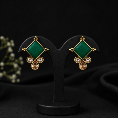 Emerald Green Diamond Stud Earrings – Gold Tone