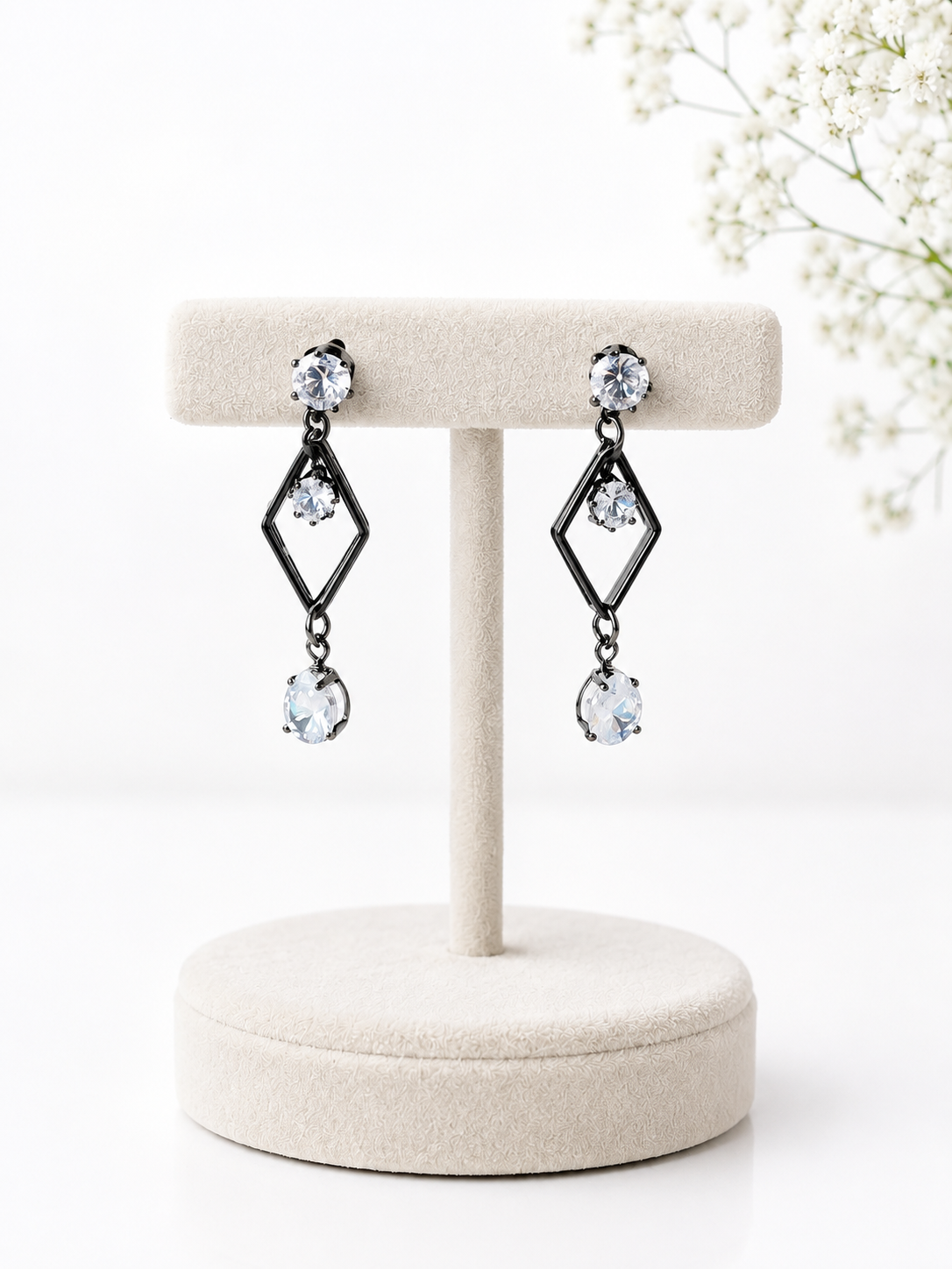 Black Geometric Crystal Drop Earrings – Elegant Dangle Earrings for Women