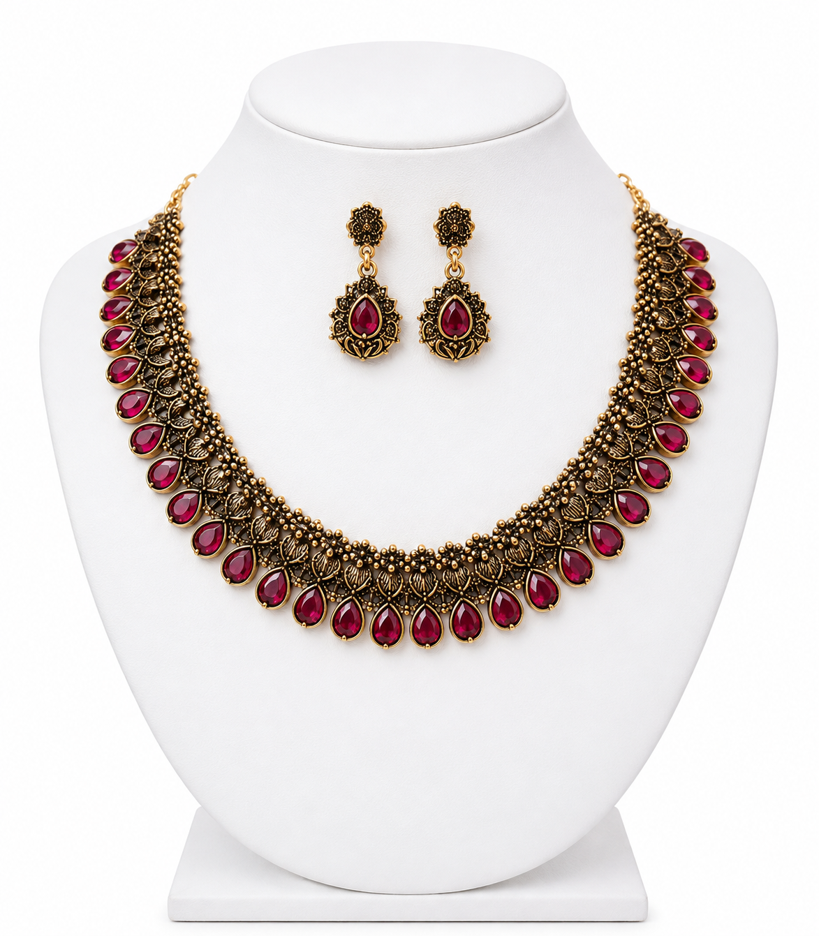 Antique Gold Ruby Red Stone Necklace & Earrings Set